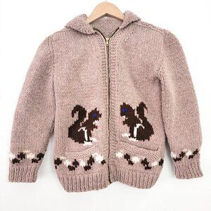 Vintage Handmade Squirrel Intarsia Wool Cowichan Hooded Cardigan Sweater XS